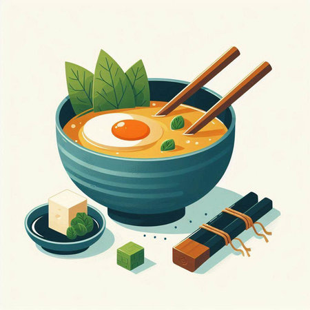 Bowl of miso soup with tofu and egg. Vector illustration.のイラスト素材