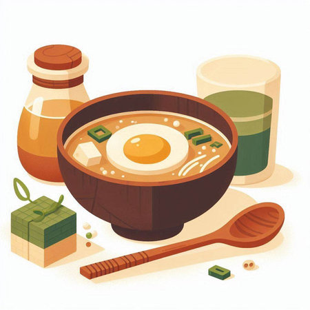 Japanese miso soup with egg in a bowl. Vector illustration.のイラスト素材