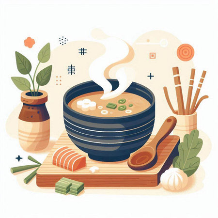Japanese miso soup in a bowl and chopsticks. Vector illustration.のイラスト素材