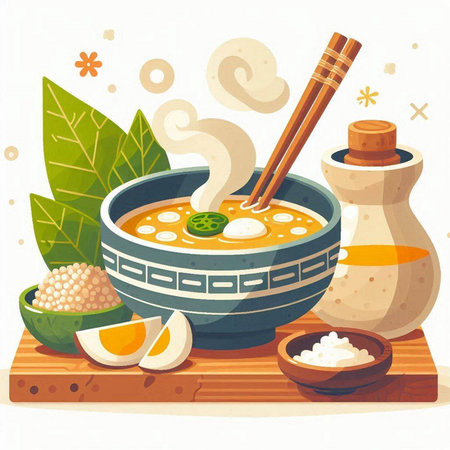 Japanese miso soup in a bowl with chopsticks. Vector illustration.のイラスト素材