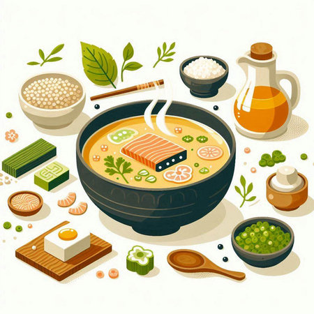 Japanese soup in bowl. Vector illustration in flat style. Japanese cuisine.のイラスト素材