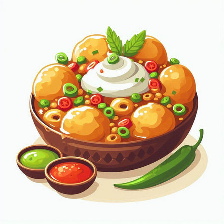 Indian cuisine. Spicy dumplings in bowl. Vector illustrationのイラスト素材