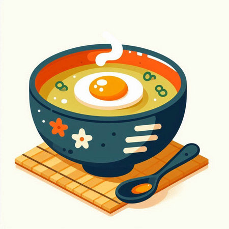 Bowl of soup with fried egg and spoon. Vector illustration.のイラスト素材