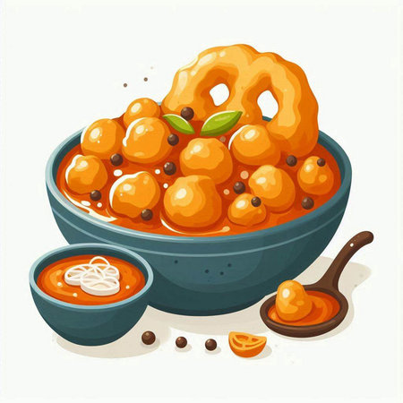 Indian Food Illustration of Hummus or Kachori with Spicy Sauce in Bowlのイラスト素材