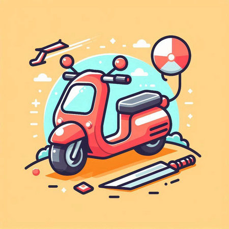 Vintage scooter on the road. Vector illustration in cartoon styleのイラスト素材