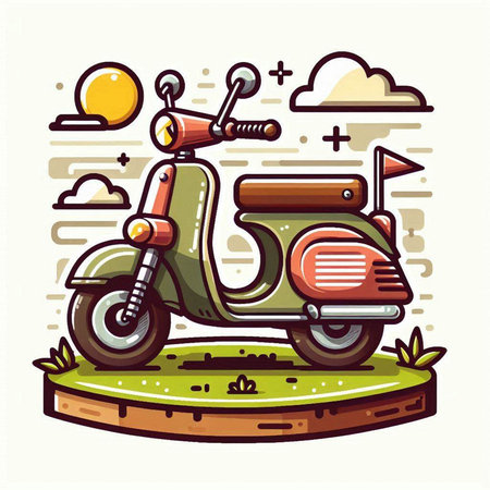 Vintage scooter on the road. Vector illustration in retro style.のイラスト素材