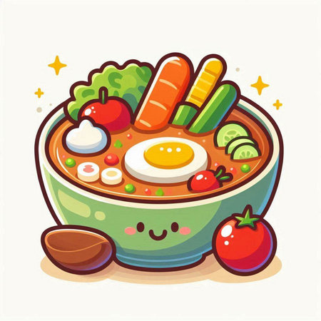 Cartoon vector illustration of a bowl of soup with vegetables and eggのイラスト素材