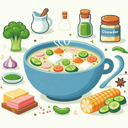 Illustration of a bowl of vegetable soup with ingredients around it.のイラスト素材