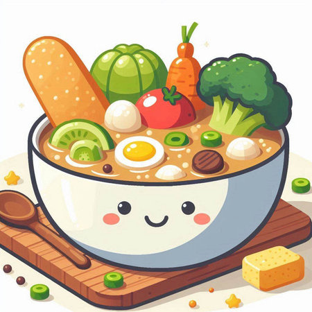 Cartoon illustration of a bowl of soup with vegetables and fruits.のイラスト素材