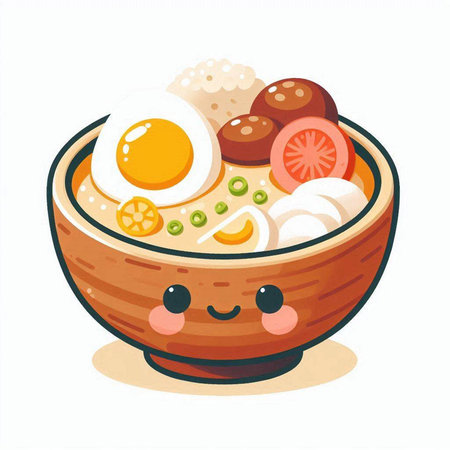 Kawaii bowl of rice with egg and vegetables. Vector illustrationのイラスト素材
