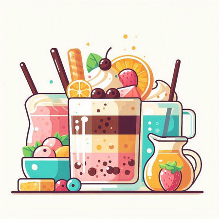 Fruit smoothies in a glass jar with straws. Vector flat illustration.のイラスト素材