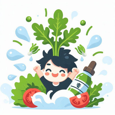 Vector illustration of a little boy with vegetables in the water. Healthy lifestyle concept.のイラスト素材
