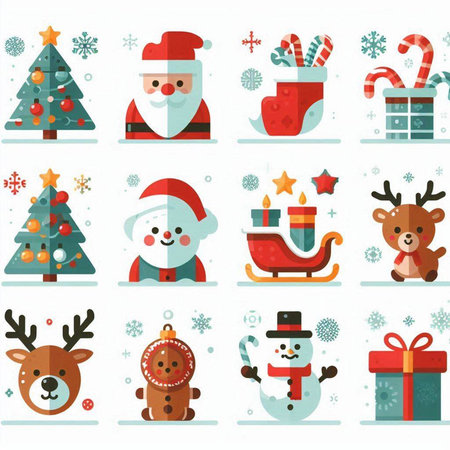 Christmas flat icons set with Santa Claus, reindeer and snowflakes isolated vector illustrationのイラスト素材