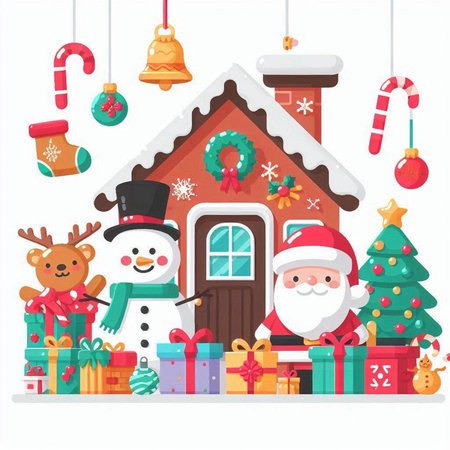 Christmas vector illustration with Santa Claus, reindeer, snowman, house and gifts.のイラスト素材