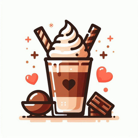 Cup of coffee with whipped cream, wafer rolls, chocolate candies and hearts. Vector illustration.のイラスト素材