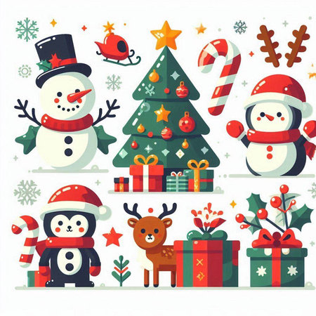 Christmas and New Year vector illustration with snowman, reindeer, christmas tree, gift boxes, snowflakes and snowman.のイラスト素材