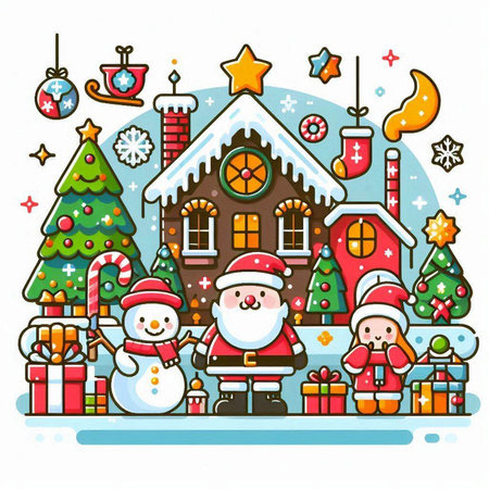 Christmas and New Year background with Santa Claus, house, tree, snowman, gifts, snowflakes.のイラスト素材