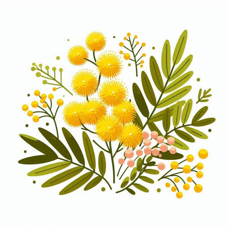 Yellow mimosa flowers isolated on white background. Hand drawn floral illustration.のイラスト素材