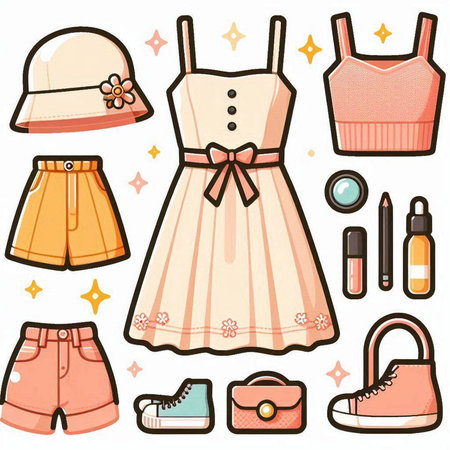 Vector set of women's clothing and accessories in doodle styleのイラスト素材