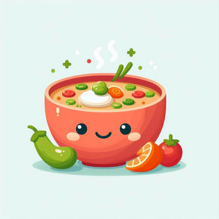 Cute Cartoon Illustration of a Bowl of Tom Yum Soupのイラスト素材