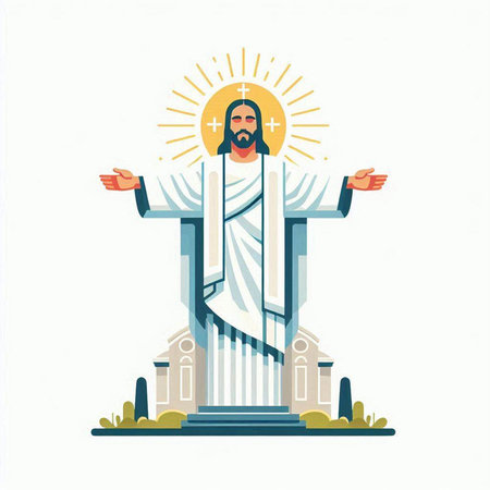 Jesus Christ in front of the catholic church. Vector illustration.のイラスト素材