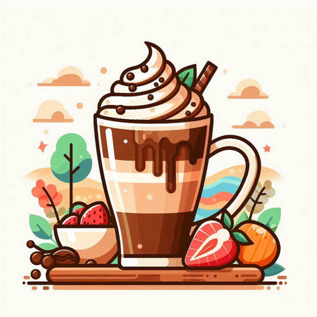 Coffee cup with whipped cream and fresh fruits. Vector illustration.のイラスト素材