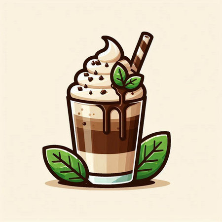 Iced chocolate with whipped cream and mint leaves. Vector illustration.のイラスト素材