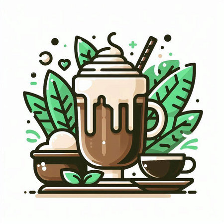 Vector illustration of a cup of coffee with whipped cream and ice cream.のイラスト素材
