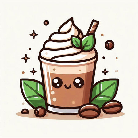Coffee cup with whipped cream and mint leaves. Vector illustration.のイラスト素材