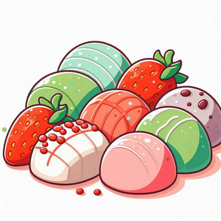 Illustration of a group of colorful chocolate candies with strawberries.のイラスト素材