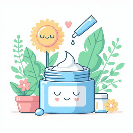 Cute face cream with sunflower and leaves, vector illustration.のイラスト素材