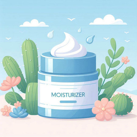 Vector illustration of a blue cosmetic jar with moisturizing cream on a background of cacti and flowers.のイラスト素材