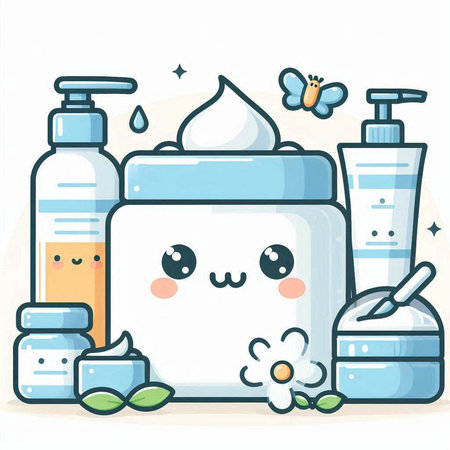 Cute face cream bottle cartoon character. Vector illustration of facial care products.のイラスト素材
