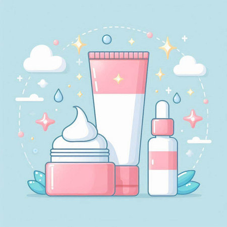 Cosmetic cream and lotion bottles. Vector illustration in cartoon style.のイラスト素材