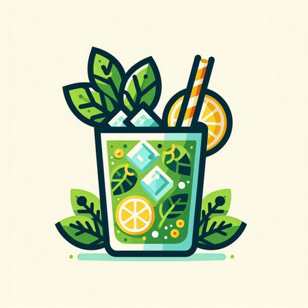 Cocktail with lime and mint. Vector illustration in flat styleのイラスト素材