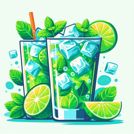 Cocktail with lime, mint and ice. Vector illustration.のイラスト素材