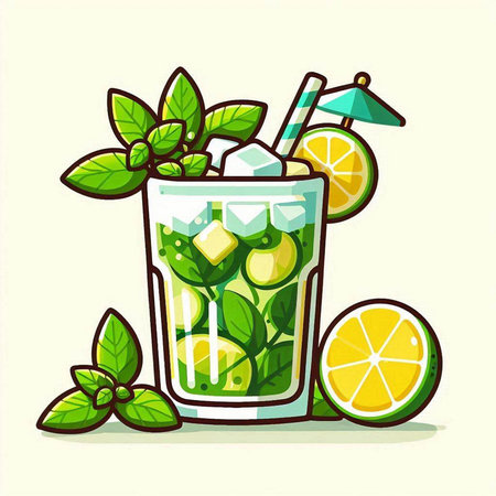 Cocktail mojito with lime and mint. Vector illustrationのイラスト素材