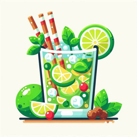 Mojito cocktail with lime and mint. Vector illustration in flat styleのイラスト素材