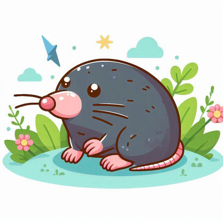 Mouse in the garden. Vector illustration. Cute cartoon mouse.のイラスト素材