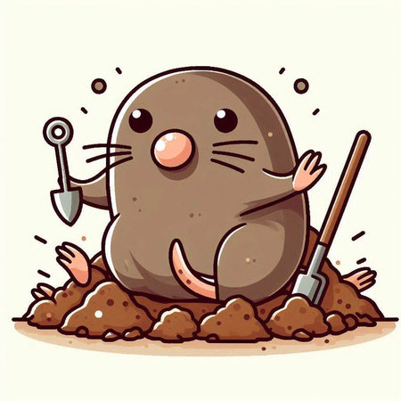 Cartoon mole digging the ground with shovel. Cute vector illustration.のイラスト素材