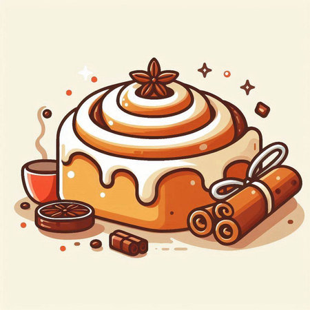 Cinnamon roll with whipped cream and cinnamon sticks, vector illustration.のイラスト素材