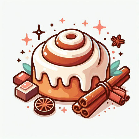 Cinnamon roll and cinnamon sticks vector illustration. Sweet dessert for Christmas and New Year.のイラスト素材