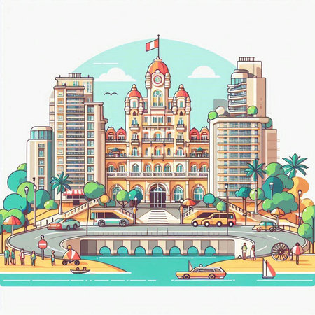 Cityscape of Barcelona, Spain. Colorful vector illustration in flat styleのイラスト素材