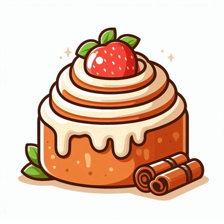 Cinnamon roll with cream and strawberry on white background. Vector illustration.のイラスト素材