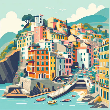 Vintage style vector illustration of Riomaggiore, Italyのイラスト素材