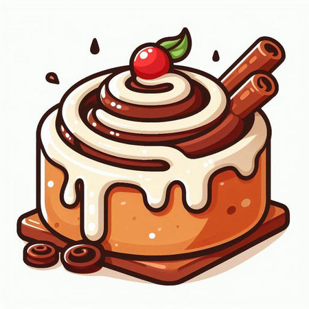 Cinnamon roll with cream and cherry on a white background. Vector illustration.のイラスト素材
