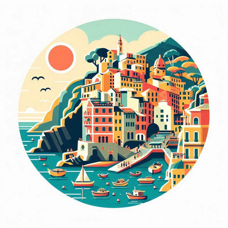 Vector illustration of the island of Cinque Terre, Italyのイラスト素材