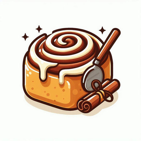 Cinnamon roll with a spoon and cinnamon stick. Vector illustration.のイラスト素材