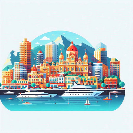 Cityscape with yachts and ships. Vector illustration in flat styleのイラスト素材