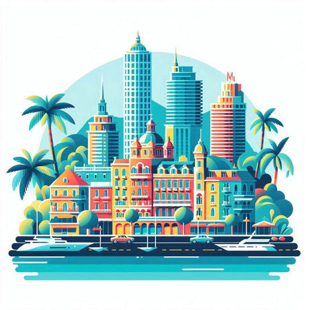 Vector illustration of the city in flat style with buildings and palm treesのイラスト素材